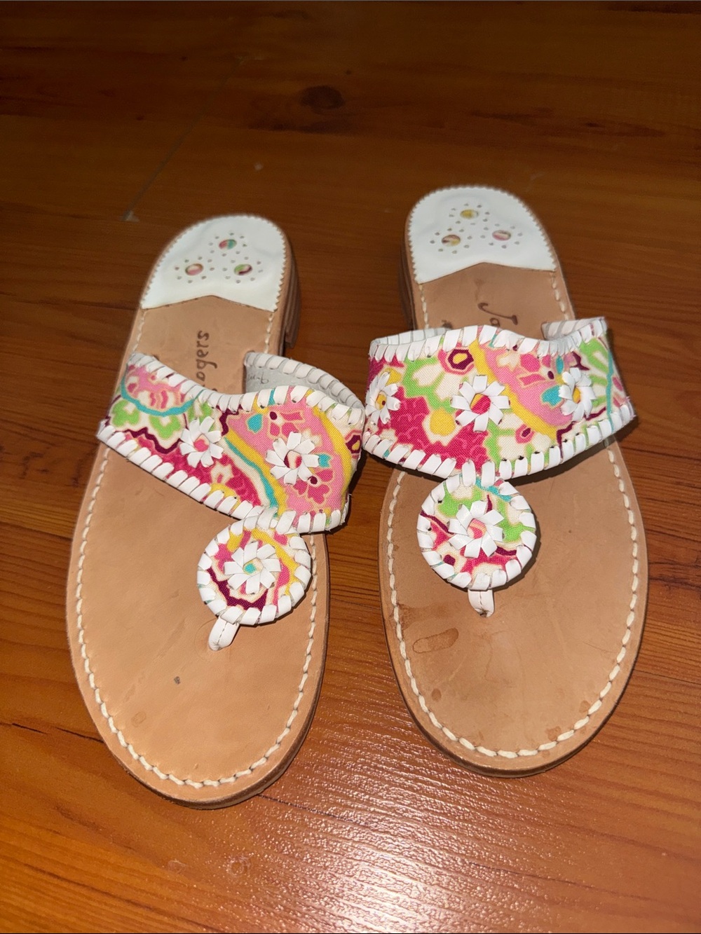 Jack Rogers Multicolor Floral Leather Thong Sandals - Pink, Green, Yellow, White